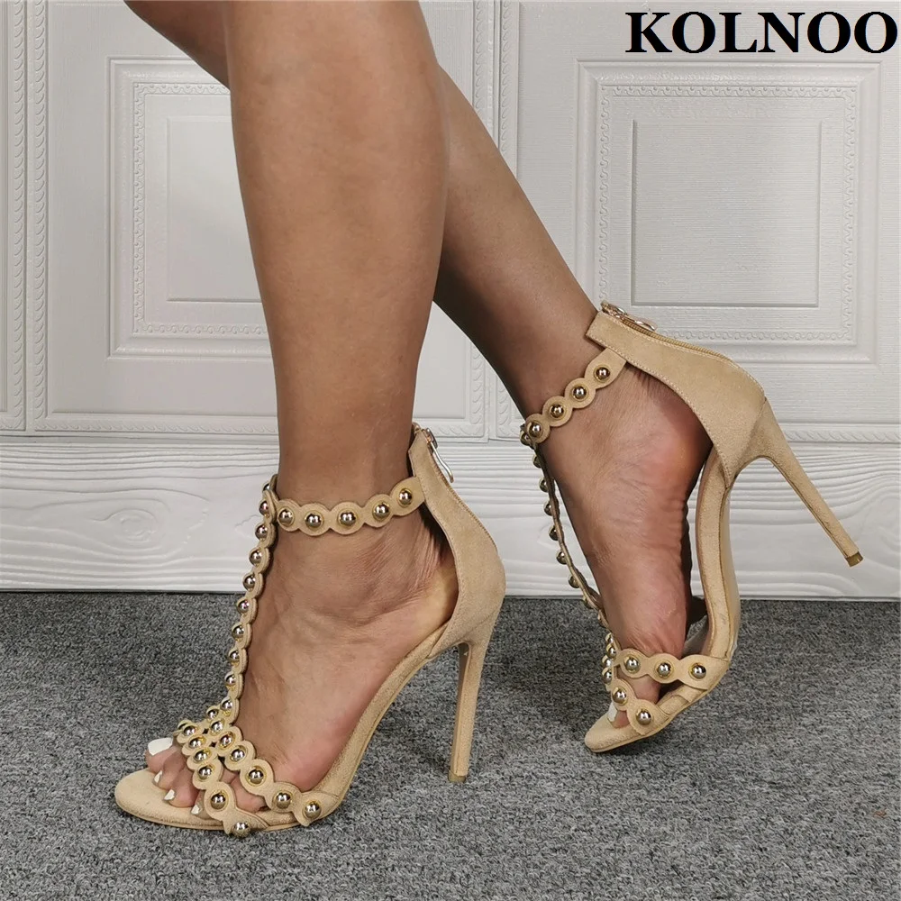 

Kolnoo New Style Handmade Ladies High Heeled Sandals Studded T-strap Open-toe Summer Shoes Evening Party Prom Fashion Club Shoes