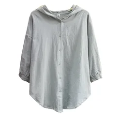 Camisa con capucha De media manga para mujer, ropa informal a la moda, Tops De algodón y lino, talla grande, para verano, 2021