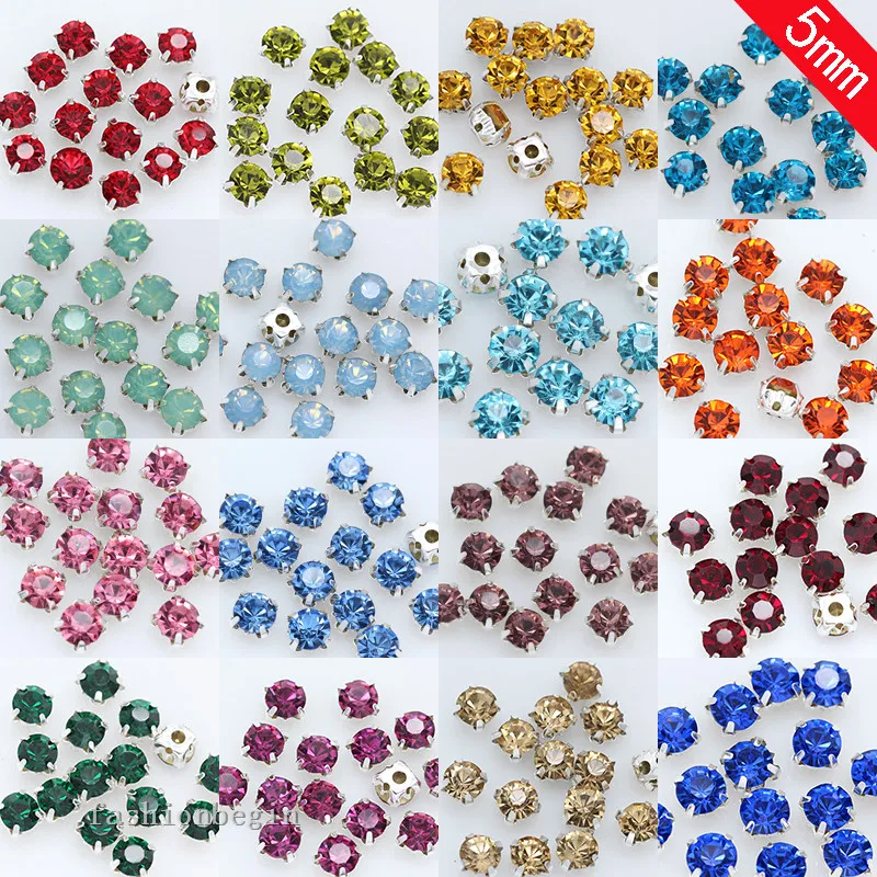 100p 5mm Round color Sew on crystal glass Rhinestones Silver Cup Claw Montees 4-hole button DIY craft clothes sewing accessories