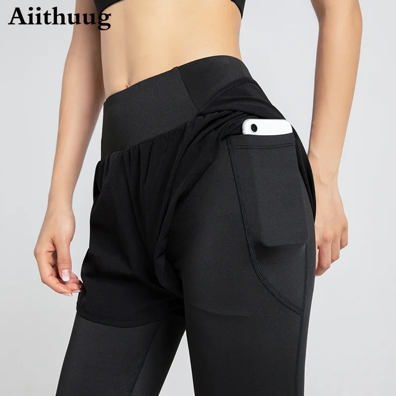 

Aiithuug Women 2 In 1 Stretchy Running Training Compression Tights with Inner Pocket Pants Shorts Quick Dry Workout Gym Legging