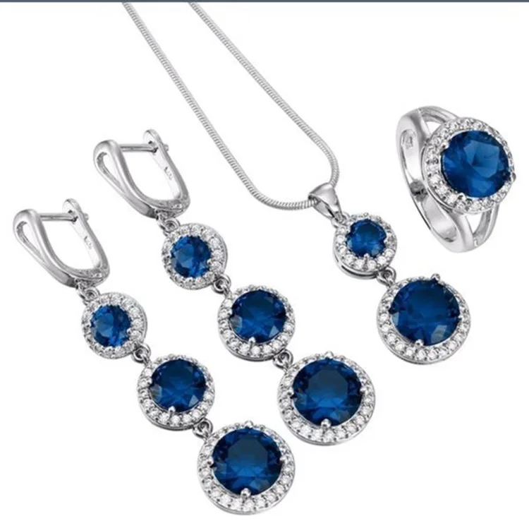 Luxury Bridal Wedding Jewelry Set Elegant Silver Plated Round Cut Blue Zircon Necklace Earrings Crystal Ring Cocktail Jewelry