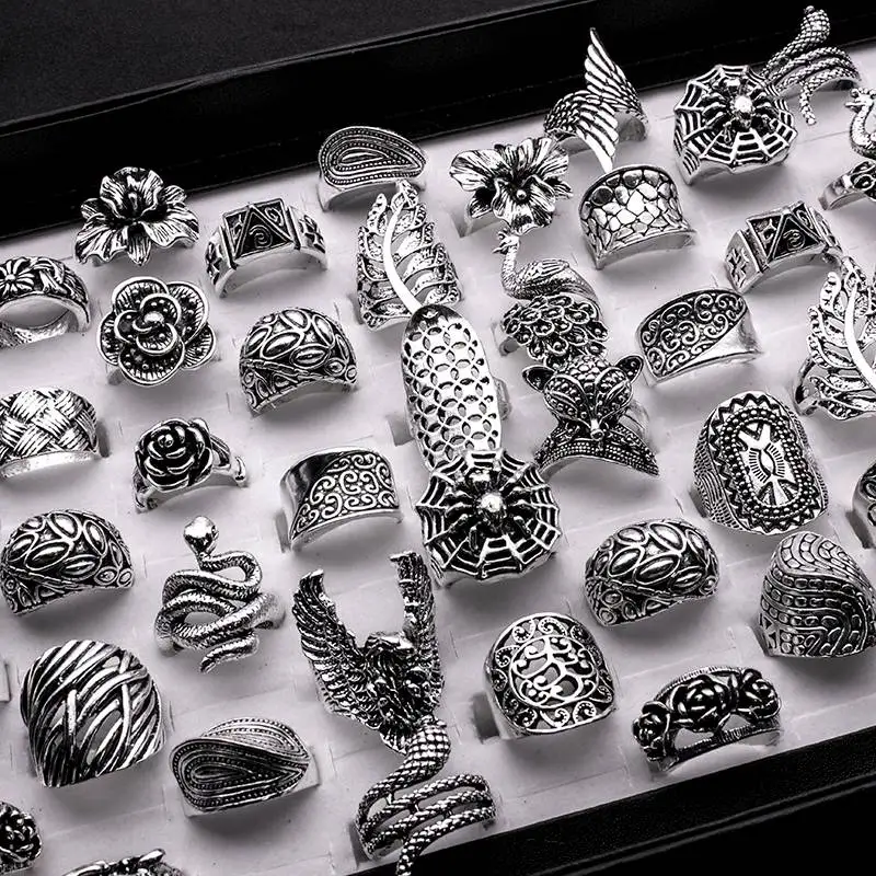 20 Pcs/lot Vintage Stone Ring for Women Men Fashion Jewelry Mix Color Silver Plated Punk Statement Retro Ring for Party Gift