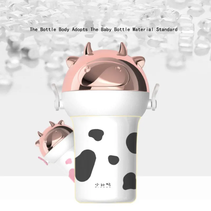 Children's Summer Outdoor Use Plastic Portable Water Bottle With Rope Kids Creative Cute Cartoon Cow Head Lid Water Kettle 440ml