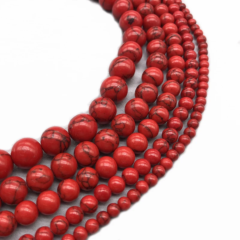 Wholesale Natural Red Howlite Turquoises Stone Round Loose Beads 4 6 8 10 12 Bracelet Fit Diy Charm Beads For Jewelry Making