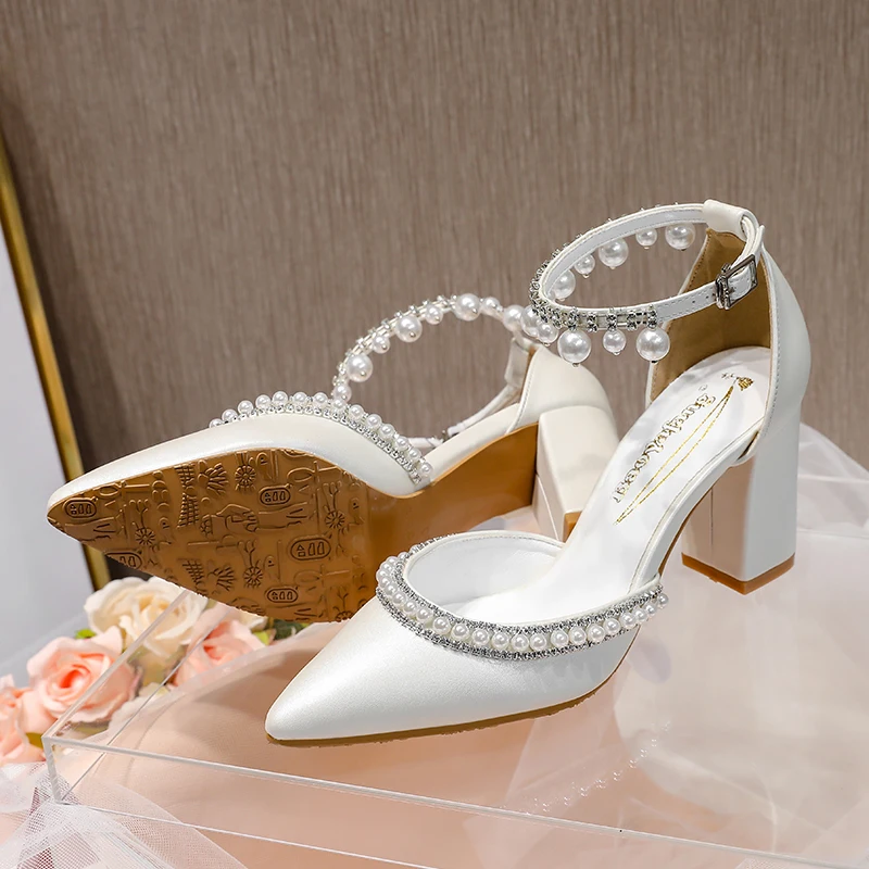 BaoYaFang White Thick Heel Bridal Wedding Shoes Woman Buckle Crystal Party Dress Tassel High Pumps Ankle Strap Fashion Sandals