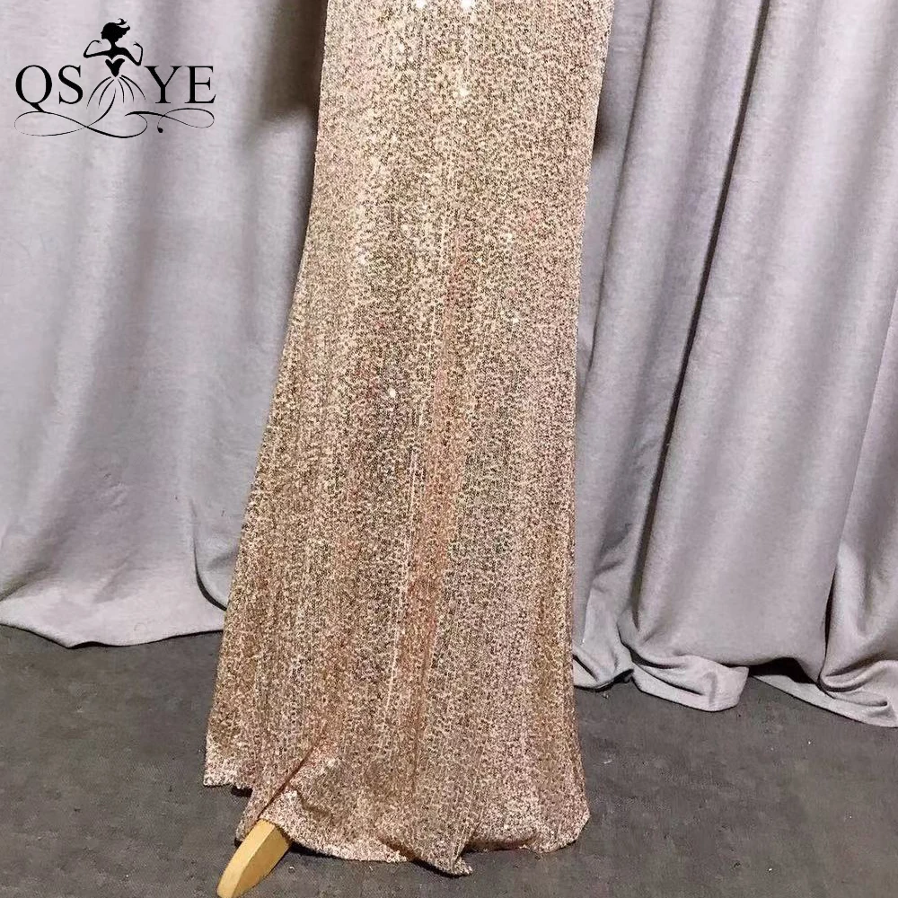 QSYYE Sparkle Gold Evening Dress Fit Mermaid Long Sleeves Evening Gown Glitter V Neck Split Party Dress Sequin Formal Gown 2021