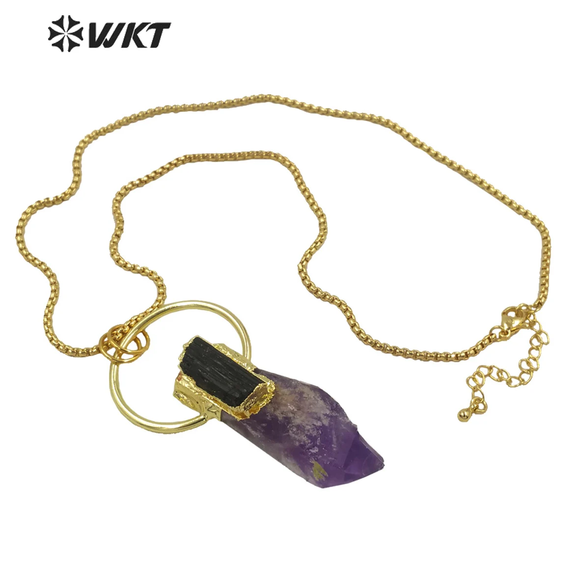 WT-N1266 WKT Luxury Natural Stone Necklace Amazing Purple A-methyst Necklace With  Black Tourmaline Charm Gold Eletroplated