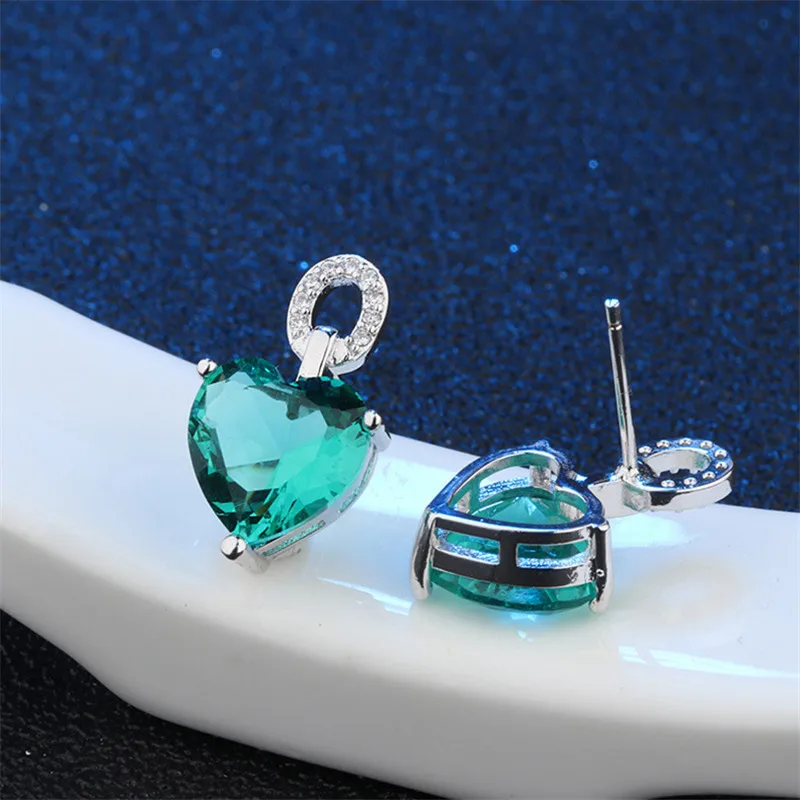 OMYFUN Factory Wholesale Female Heart Stud Earrings Copper Blue/Tourmaline Color Crystal Jewelry Simple Brazil Brincos Arete E63