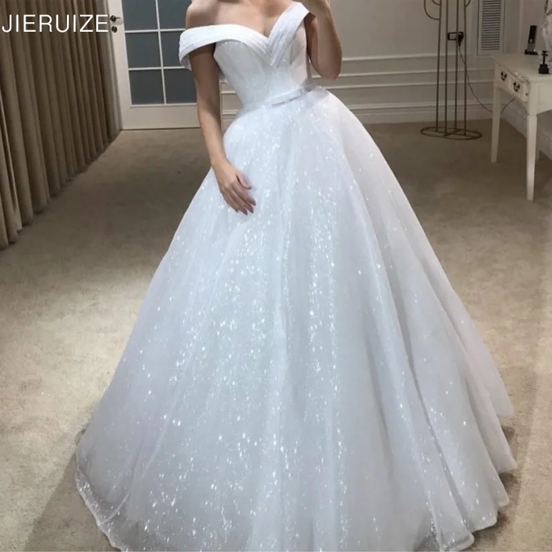 JIERUIZE Shiny Fabrics Luxury Wedding Dresses Off the Shoulder Lace Up Back Bridal wedding Gowns vestido de noiva