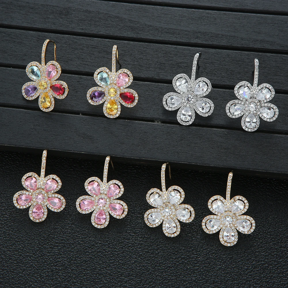 

Lovely Colorful Flower Earrings For Women Wedding Cubic Zirconia Dubai Bridal Earrings Costume Jewelry 2021Summer Party E9506