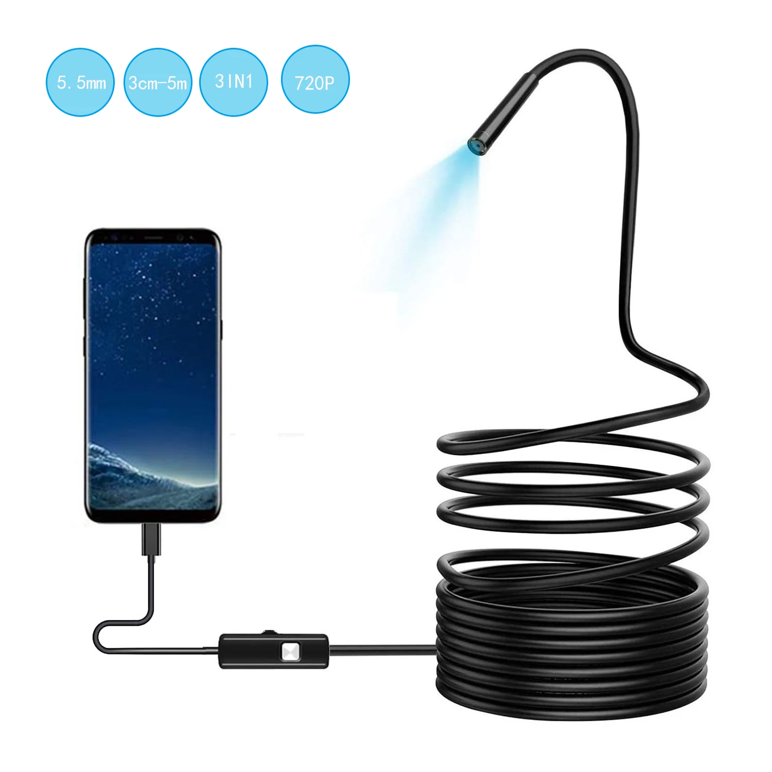 

720P 5.5mm Endoscope Camera Flexible IP67 Waterproof Inspection Borescope Camera for Android PC Notebook 6LEDs Adjustable