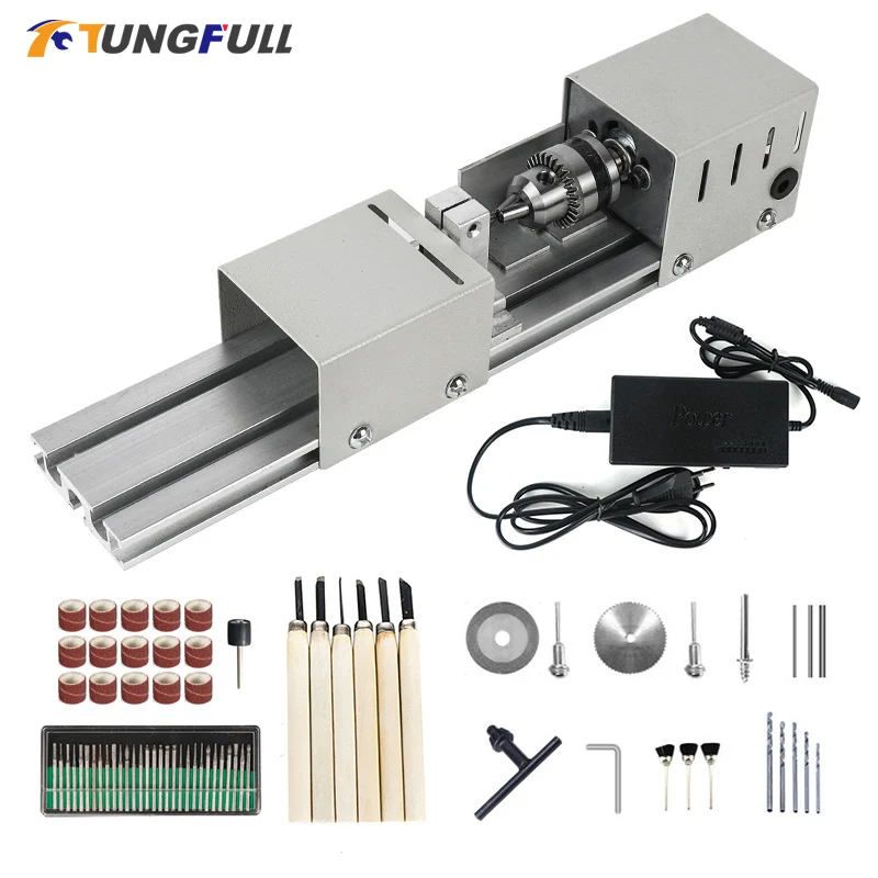 DC12-24V Mini Lathe Machine Tools Beads Machine Woodworking DIY Miniature Lathe with Power Carving Cutter Wood Lathe