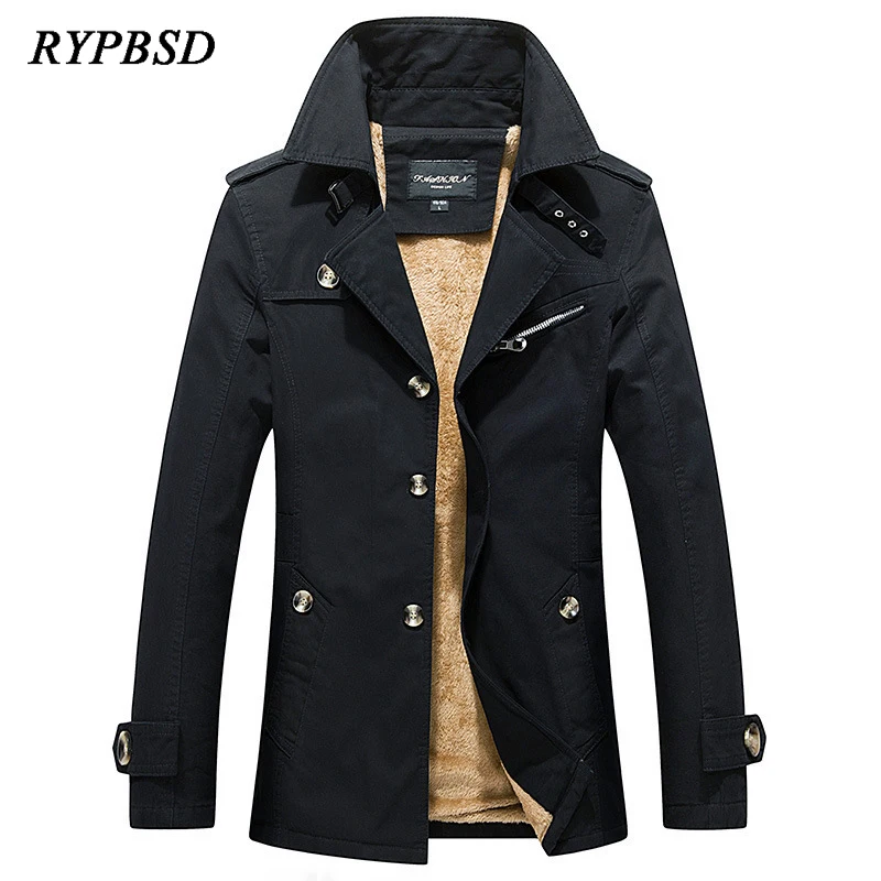 Men's Winter Windbreaker Jacket Vintage Solid Casual Cotton Windproof Business Long Korean Thick Warm Fleece Trench Coat Clothes