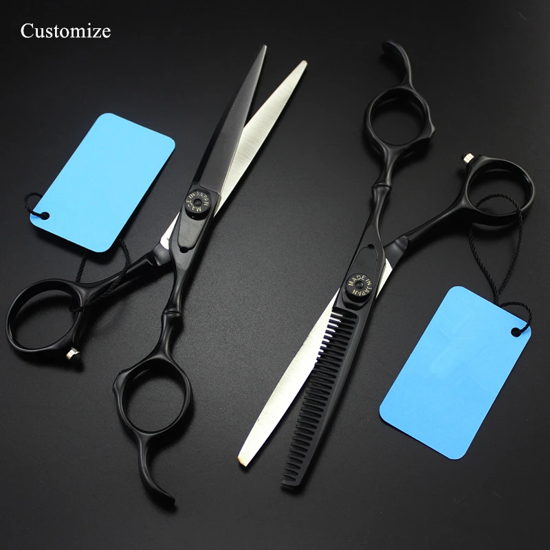 

Customize logo/name JP steel 6 '' black bamboo hair scissors haircut thinning barber tools cutting shears hairdressing scissor