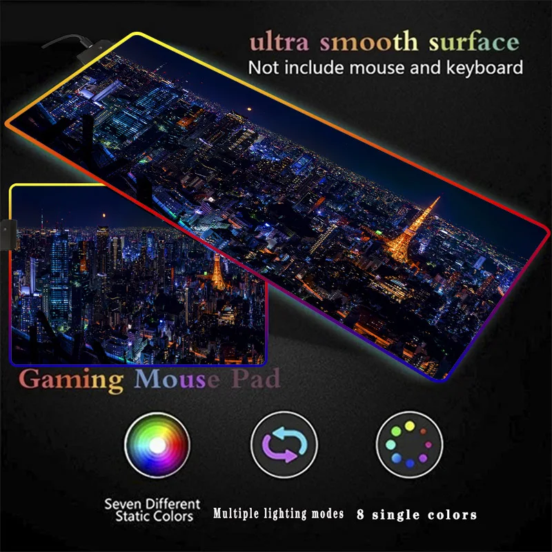 Tokyo City Night View Japan RGB Gaming Mousepad 14 Colors Large LED Lighting Mouse Pad  Desk Pad Natural Rubber Keyboard Mat XXL