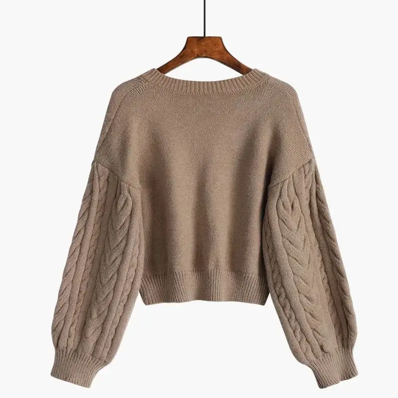 Women Sweater 2021 Autumn and Winter New V-neck Twist Sweater Women\'s Outer Wear Puff Sleeve Thicken Pullover Short Knitting Top