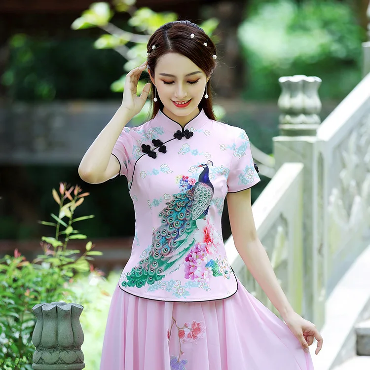 SHENG COCO Peacock Printing Blouse Chinese Style Qipao Tops Traditional Chinese Clothing Woman Cheongsam Shirts Satin Blouse