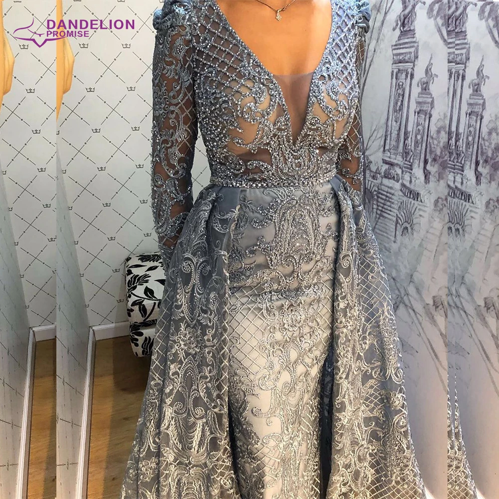 Luxury Dubai Evening Dresses Long Sleeves V Neck Sheer Top Beaded Prom Dress 2020 Handmade Formal Party Gowns