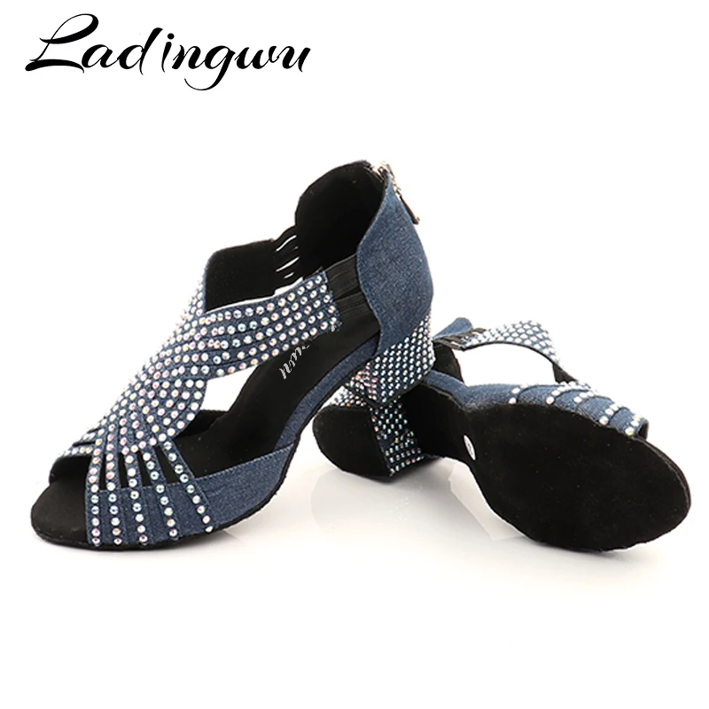 Ladingwu Low-heeled Latin Dance Shoes Salsa Women Dark blue Denim Collocation Shine Rhinestone Dance Shoes Woman Ballroom indoor