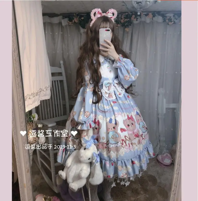 Ngọt Nhật Bản Lolita Hoạt Hình Dễ Thương In Cos Lolita Tay Dài Cổ Peter Pan Loli Tiệc Trà Đầm Retro Triều Đình Vestidos