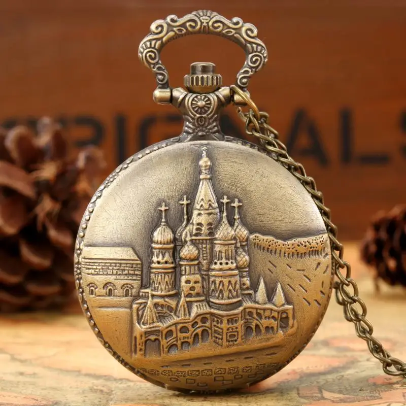 Kasteel Gebouw Muur Ontwerp Retro Ketting Quartz Zakhorloge Ketting Bronzen Hanger Chain Sieraden Collectibles Voor Mannen Vrouwen