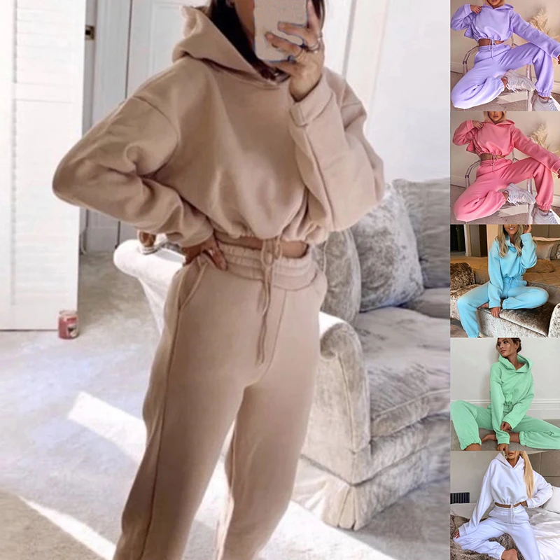New Street Hot Fashion Casual Sweatshirt Solid Color Thick Two Piece New Sports Leisure Suit Long-Sleeved Style Womens Suit