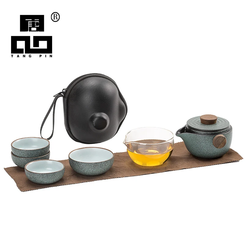 TANGPIN-Green Ceramic Teapots, Gaiwan with 3 Cups a Tea Sets, Portable Travel Tea Sets with Travel Bag