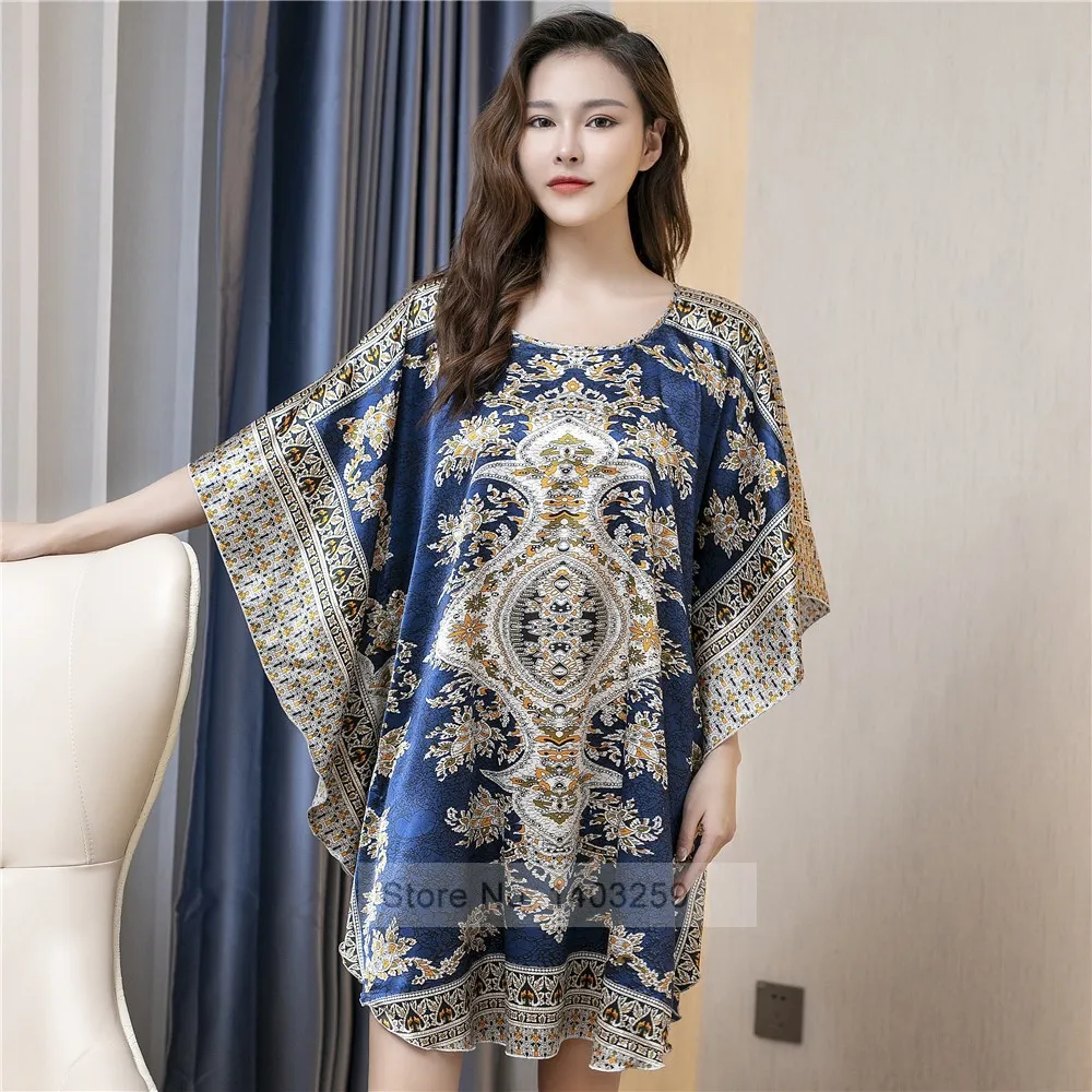 Women Nightgown Summer Silk Satin Sleepwear Nightdress Plus Size Batwing Sleeve Home Dressing Gown Sexy Loose Printed Nightwear