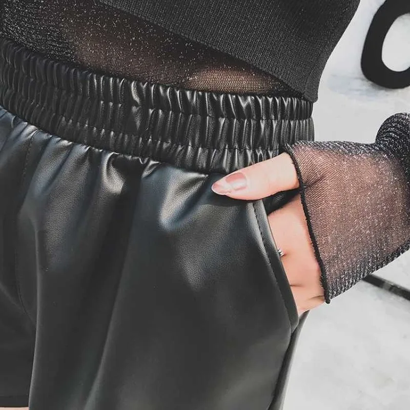 2024 Women Black PU Leather Shorts High Waist Wide Leg Faux Leather Shorts High Quality Winter Loose PU Shorts 4XL