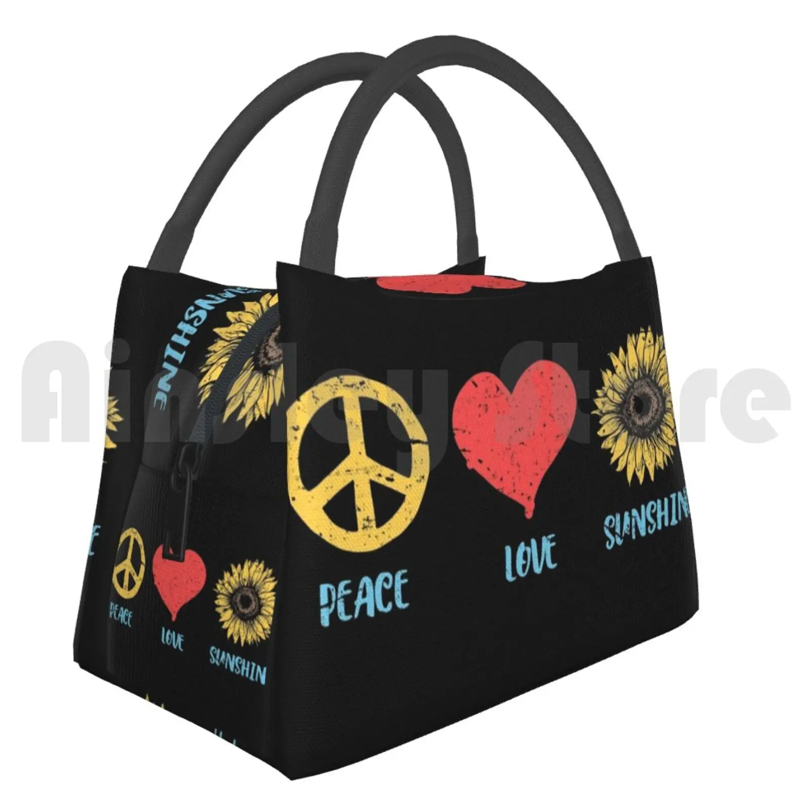 

Portable Insulation Bag Sunflower Peace Sign Love Sunshine Vintage Hippie 60S 70S Protective Fabric Peace