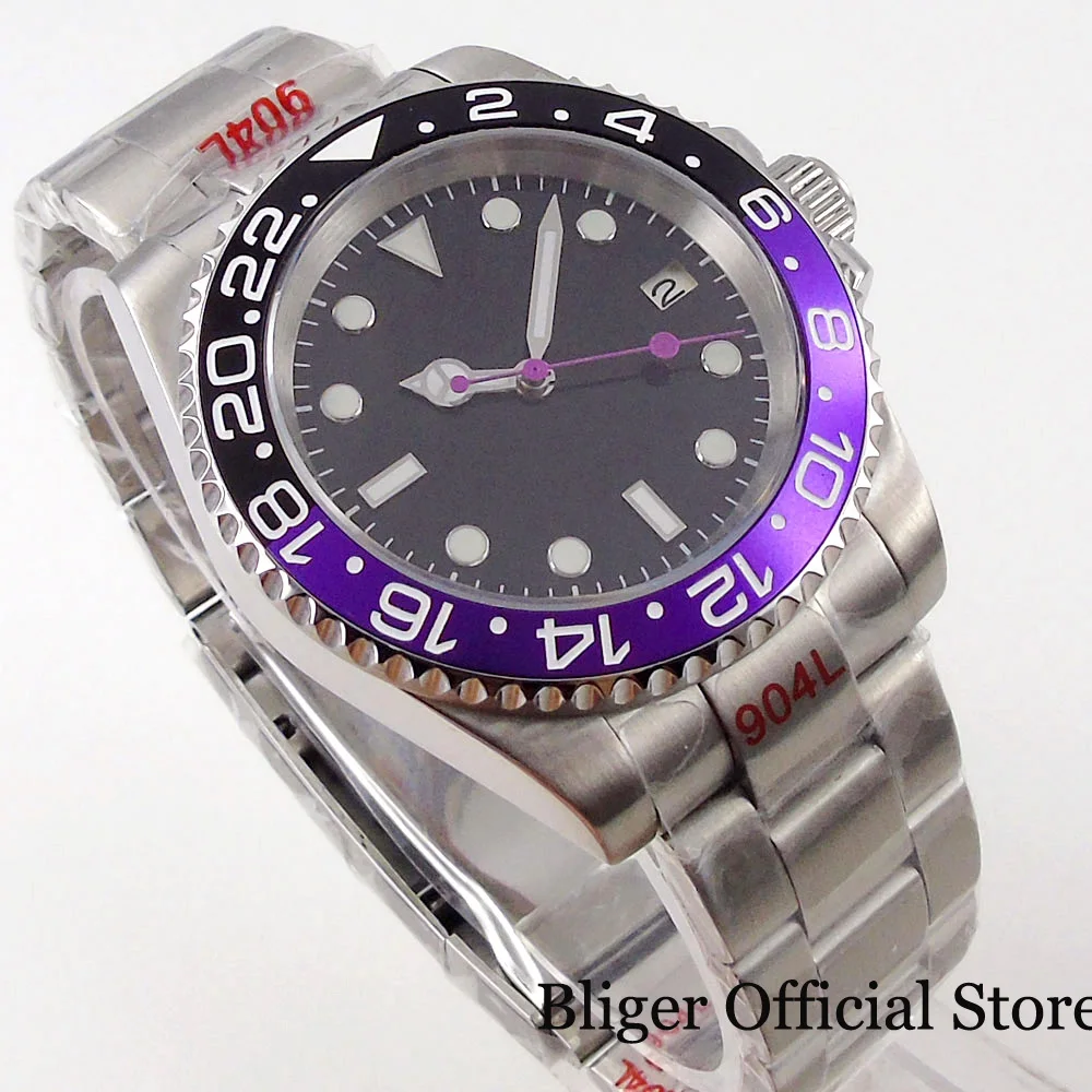 BLIGER-Relógio Automático Masculino, Fecho de Deslizamento, Mão Luminosa, Relógio de Pulso Business, Sapphire, Black Purple Insert, NH35A, 40mm