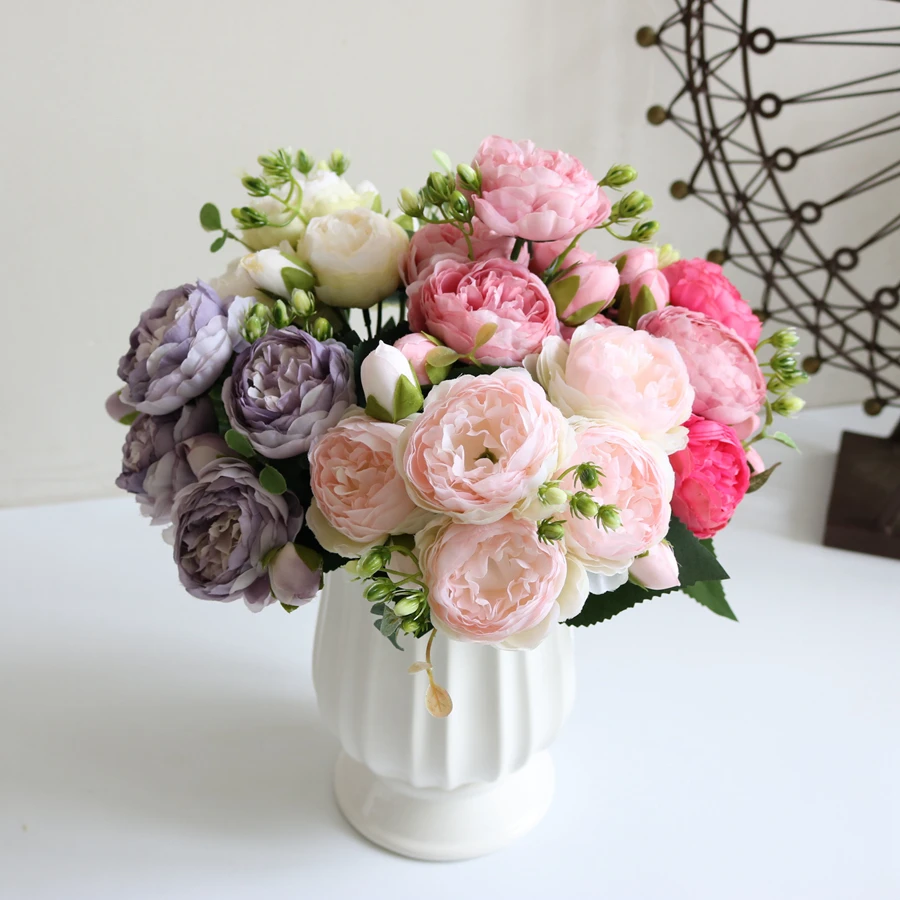Künstliche Blumen Pfingstrosenstrauß Seidenrosenvase für Heimdekoration Garten Hochzeit Dekorative Kunstpflanzen Weihnachtsgirlande Material – Detail 7