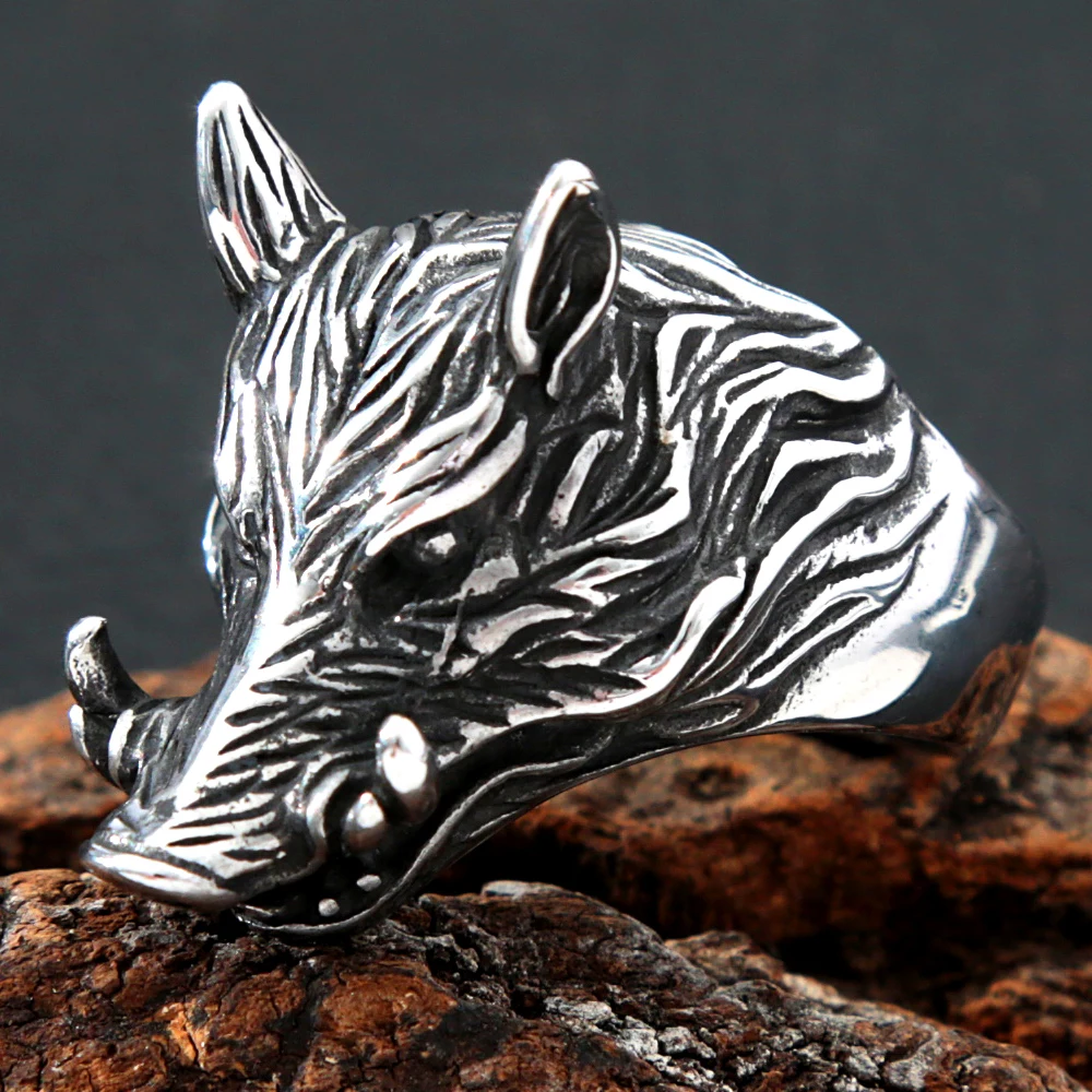 Gothic Stainless Steel Wild Boar Ring Punk Hip Hop Nightclub Wild Boar Animal Biker Ring Men Fashion Jewelry Dropshipping Store