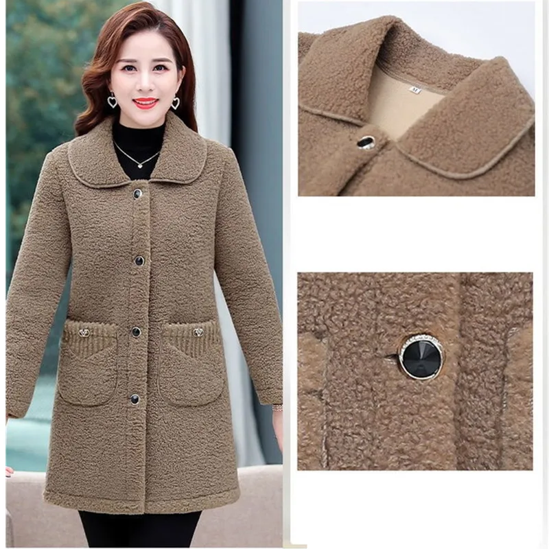 Middle-aged Mothers Faux lamb Wool Coat 2023 Autumn Winter Loose Long-sleeve Outerwear Solid Female Jacket Parkas Casual Tops