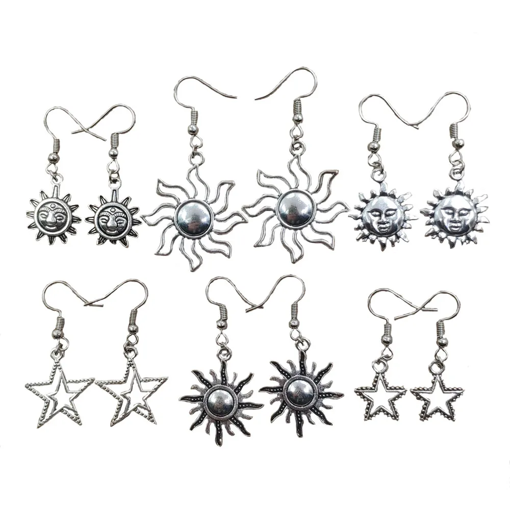 Unique Retro Silver Plated Antique Classic Sun Star Magic Wand Drop Earrings Women Lady Girl Jewelry Gift