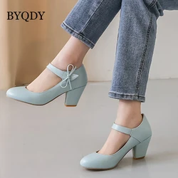 BYQDY kobiety pompy 7cm wysokie grube obcasy okrągłe Toe Mary Janes obuwie suknia ślubna biuro Lady buty z paskiem na kostkę z kokardą