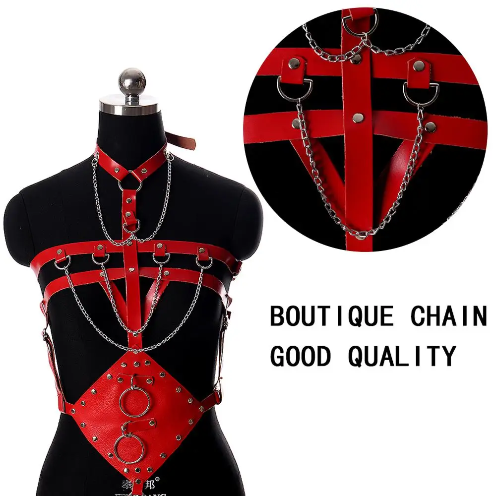 Red Lingerie Leather Harness Belt Chain Punk Fashion Street Bondage Top Chest Pentagram Sexy Suspender Adjustable Club Dance