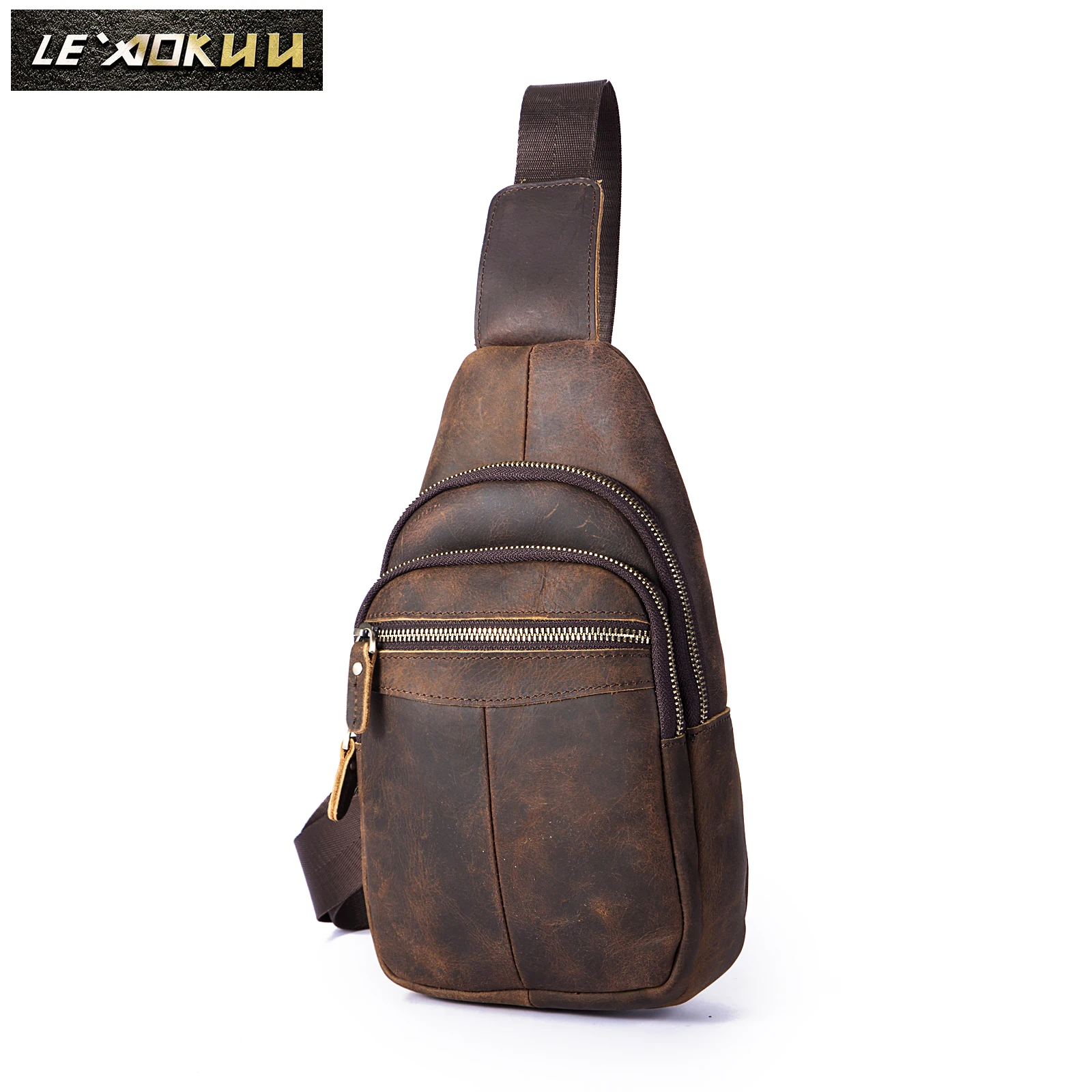 

Men Original Leather Casual Fashion 8" Tablet Crossbody Chest Sling Bag Design Travel Shoulder Bag Backpack Daypack Male 166-db