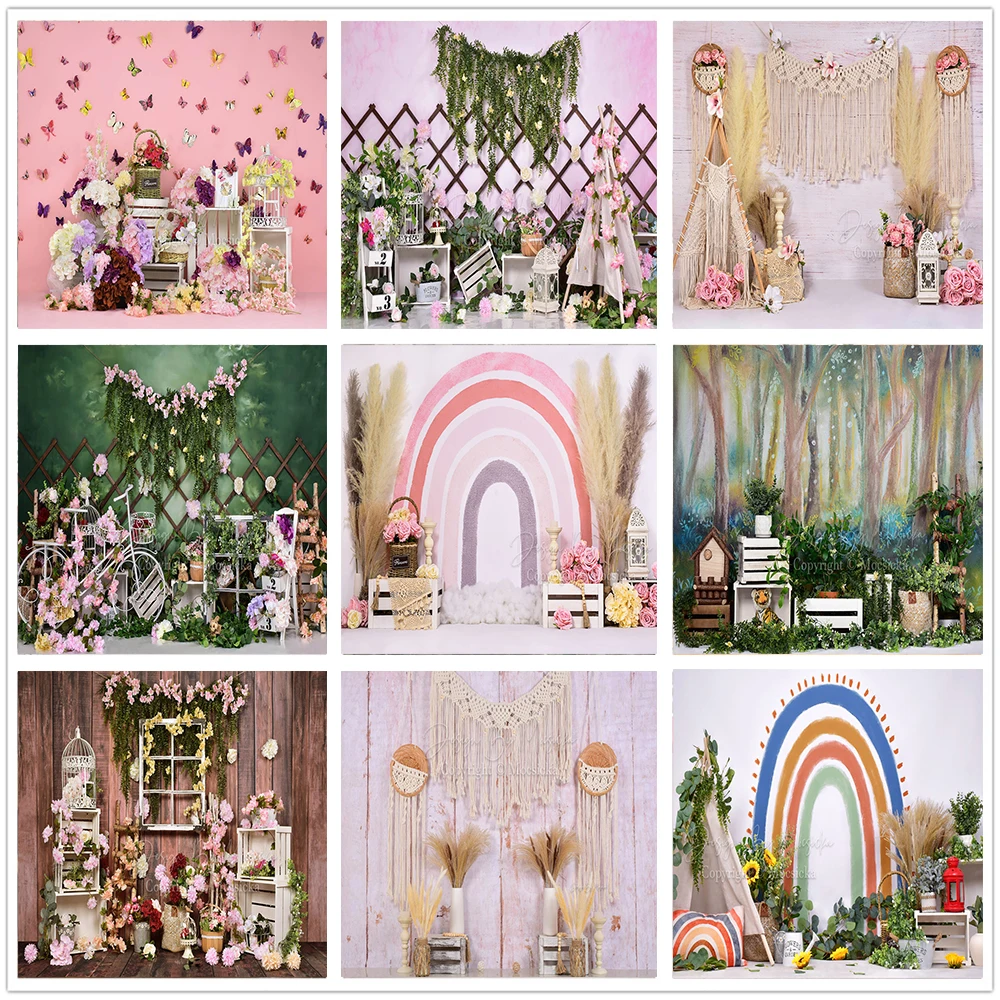 

Spring Newborn Shower Background Rainbow Butterfly Birthday Party Decoration Cake Smash Photo Backdrop Studio Props