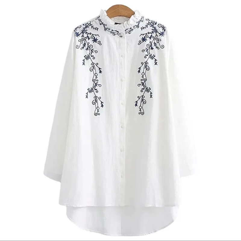 Blusa holgada de lino y algodón con volantes para mujer, camisa femenina de manga larga con bordado Floral, color blanco, talla 5XL