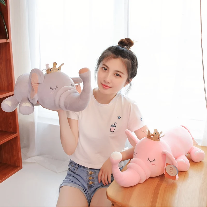 45cm/60cm/80cm Sweet Sleeping Elephant Plush Toy Soft Stuffed Cartoon Animal Pink/Gray Elephant With Crown Doll Rest Pillow Gift