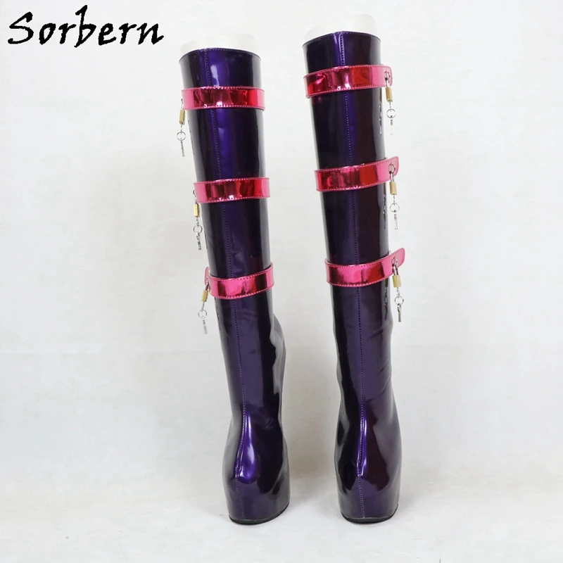 Sorbern Purple Custom Wide Calf Boots Women Red Straps Lockable Keys Sexy Fetish Boots Bdsm High Heel Womens Ladies Boots