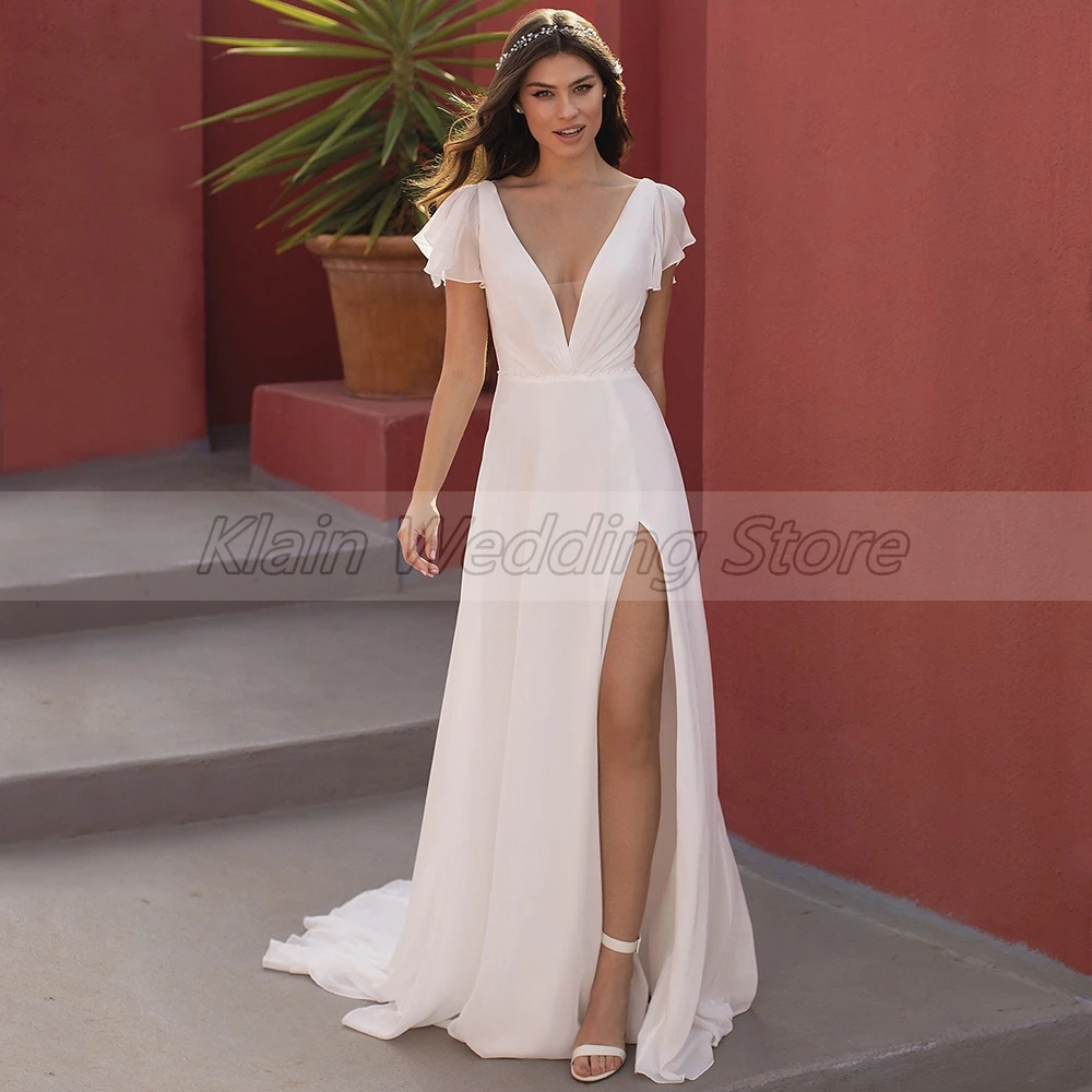 Vestido de novia de gasa con corte lateral, manga corta, cremallera en la espalda, escote en V profundo, tren de barrido, hecho a medida, 2021