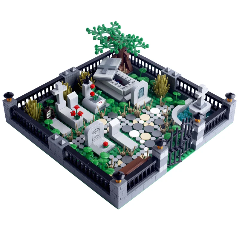 MOC Halloween Cemetery Building Blocks City Ghost Zombie Figures Skeleton Grass Rose Animal Accessories Bricks Toys Friends Gift