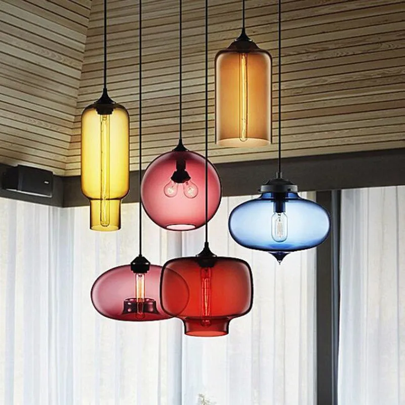 Nordic modern colorful glass bowl pendant lights E27 loft hanging lamps for kitchen living room bedroom restaurant hotel hall