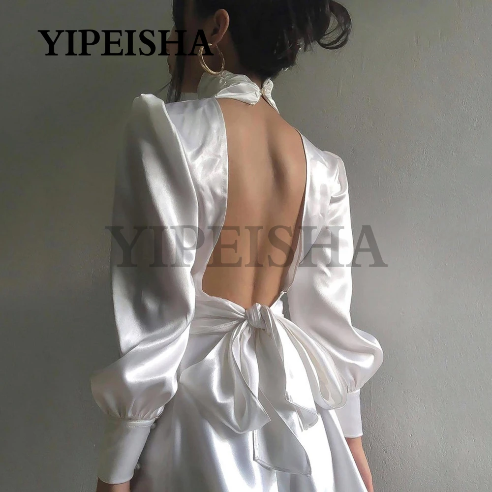 สูงคอง่ายค็อกเทล Backless มินิซาตินแขนยาวเซ็กซี่ชุดสวมใส่ทุกวัน Robe De Soirée Femme Vestidos