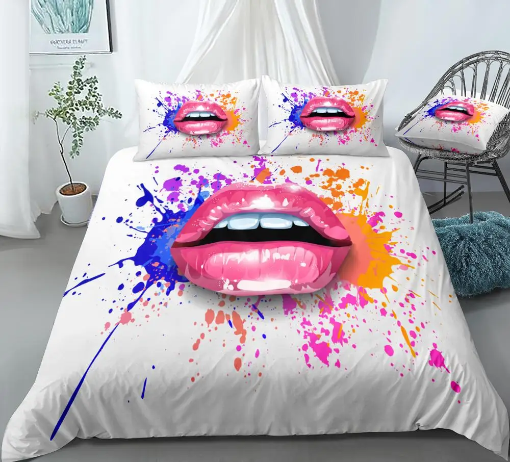 Sexy Lips Bedding Set Splash ink Duvet Cover Set Queen Colourful Beauty Quilt Cover Bedclothes King Pink Lips Grils bedding