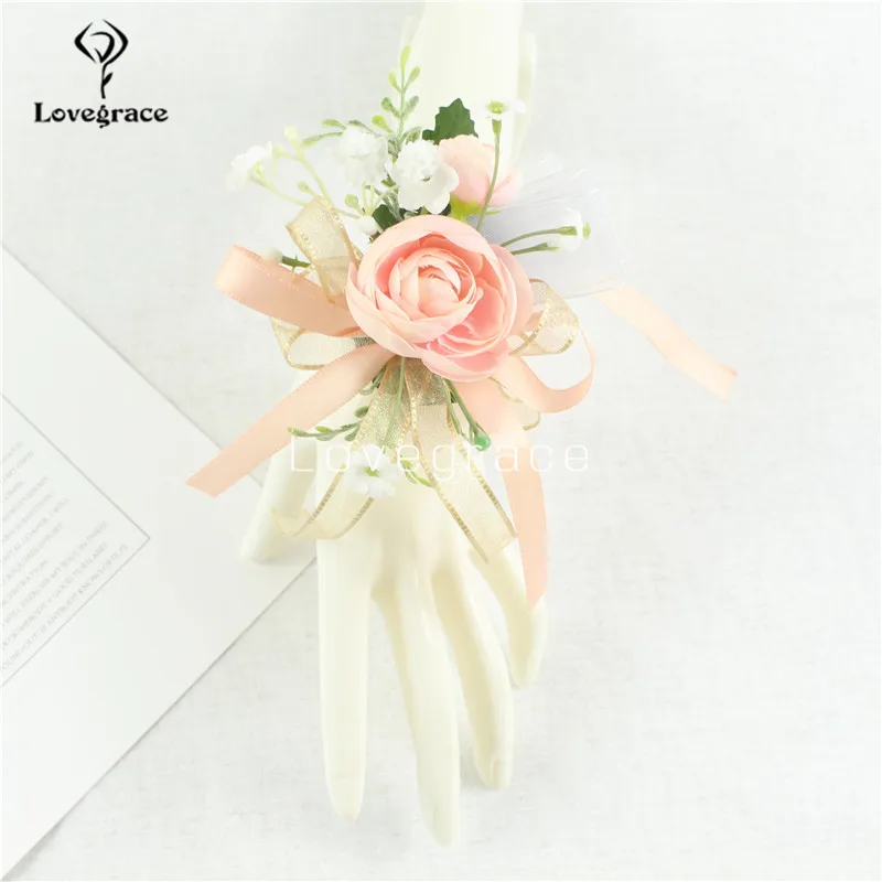 Champagne nastro polso corpetto sposa damigella d'onore donna mano polso fiore sposo Boutonniere asola uomo corpetti decorazioni di nozze