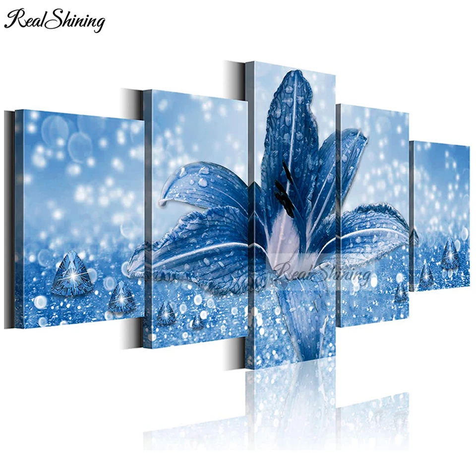 5 Panel Blue Lily diamond painting,full,square,round diamond embroidery Waterdrop Flower ,Diamond mosaic diy handwork Art T596