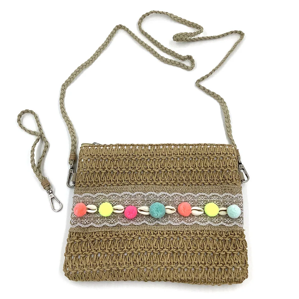 Bohemian handmade colorful wool ball decorative Papyrus for women bagnecklace bag Hand bag for woman